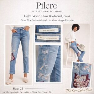Pilcro Anthropologie Slim Boyfriend Jeans Blue Embroidered Floral Size 28